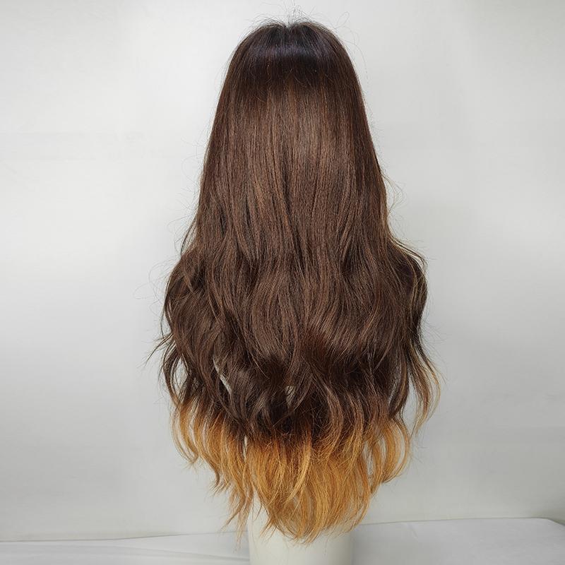 Long Wavy Curtain Bangs Brown and Blonde Ombre Body Wave 13x4 Lace Front Wigs