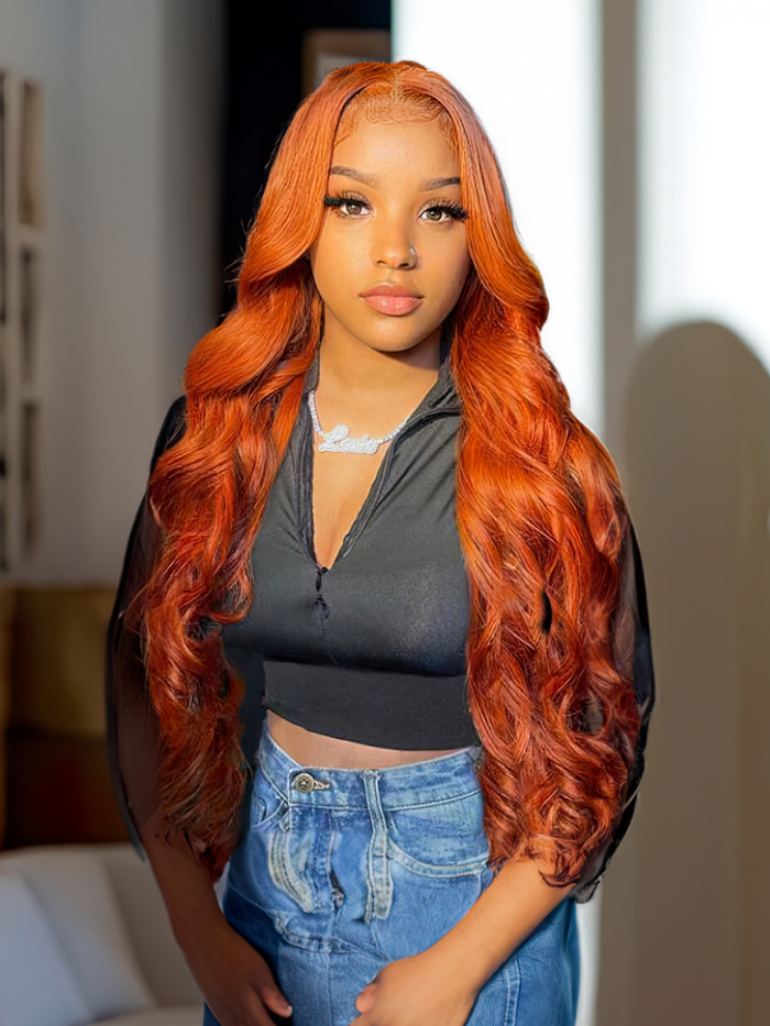 Petaluxe [24"=$129] Lace Part Ginger Color Body Wave Wig 4x0.75 Lace 150% Density Wig