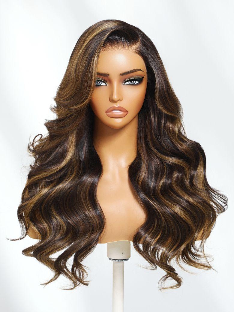 Bye-Bye Knots 7x5 Lace Loose Wave Red Orange Highlights Wig with Face Framing Layers 150% Density