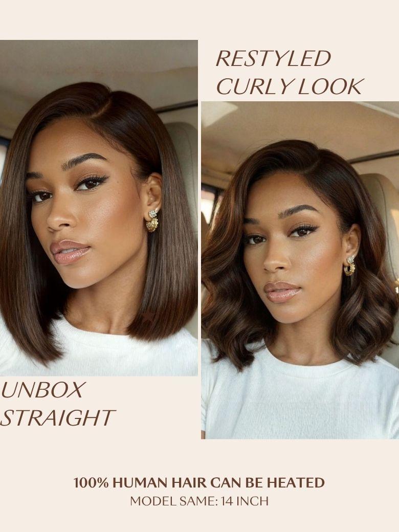 Bye-Bye Slip? 7x5 Lace Glueless Dark Chocolate Brown Side Part Yaki Straight Bob Wig with Invisi Drawstring Can Be Heated