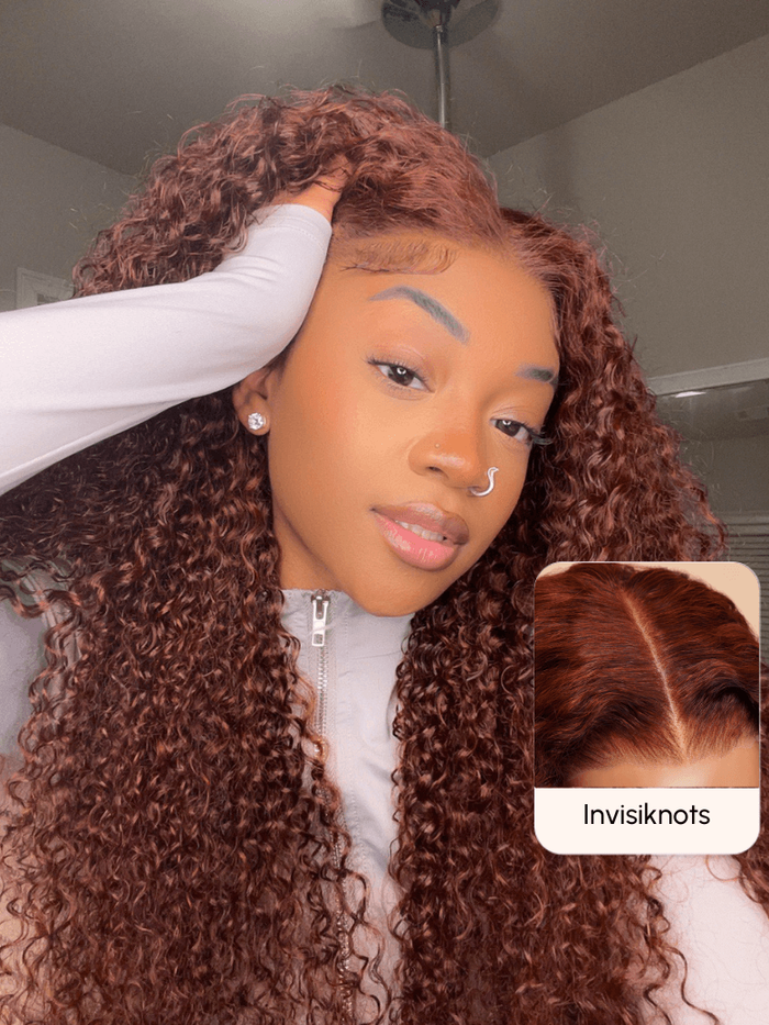 Petaluxe [200% Density 20"=$99] Pre Cut 6x4.5 Lace Reddish Brown 3C Curly Hair Put On And Go Wig