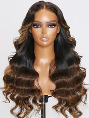 7x5 Glueless Bye Bye Knots Wig Black to Chestnut Brown Ombre Loose Wave Wig With Bleached Knots