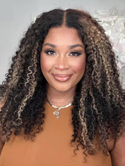 Bye Bye Knots Wig 7x5 Glueless Lace Black With Blonde Highlights Kinky Curly Bleached Knots Wig 150% Density