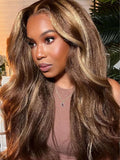 Petaluxe 13x4 Lace Frontal Kinky Straight Honey Blonde Highlights Wig 100% Human Hair