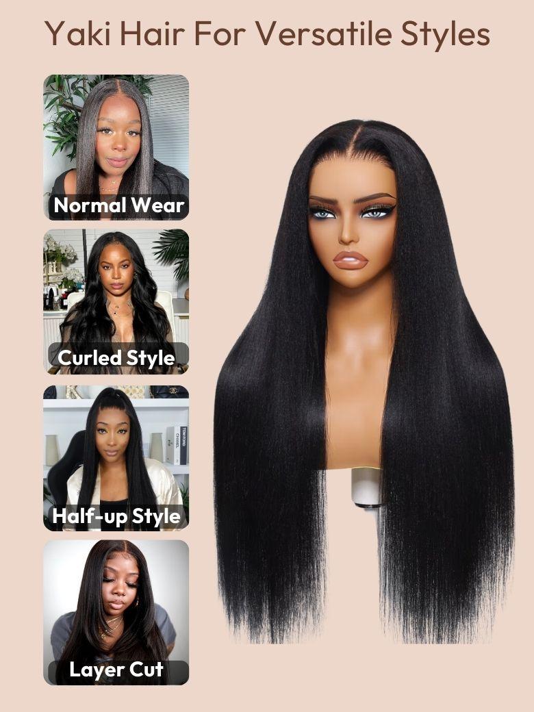 ByeBye Knots? Wig 7x5 Glueless Lace Black Yaki Straight Wig With Elastic Drawstring 360 Cozy Hug