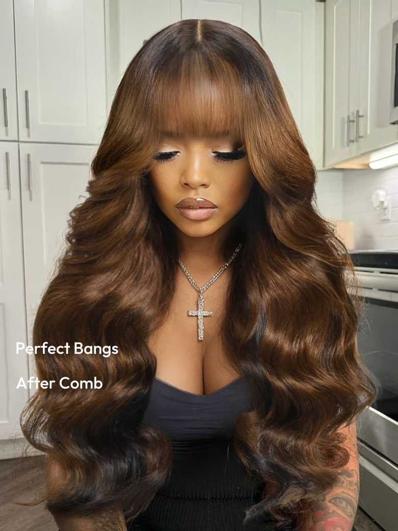 18'' 7x5 Black Brown Money Piece Fluffy Loose Wave Curtain Bangs Wig Bye Bye Knots Wig