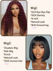 $99=2 Wigs | 16" Lace Part Kinky Curly Wig and 10" Bob Wig with Bang
