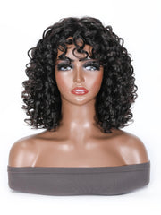 Short Black Afro Curly Wigs with Bangs Human Hair for Women 12 inch