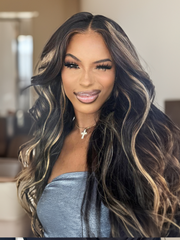 Byebye Knots 7x5 Pre-Cut Glueless Lace Invisible Knots Black With Blonde Highlights Body Wave Huma Hair Wig