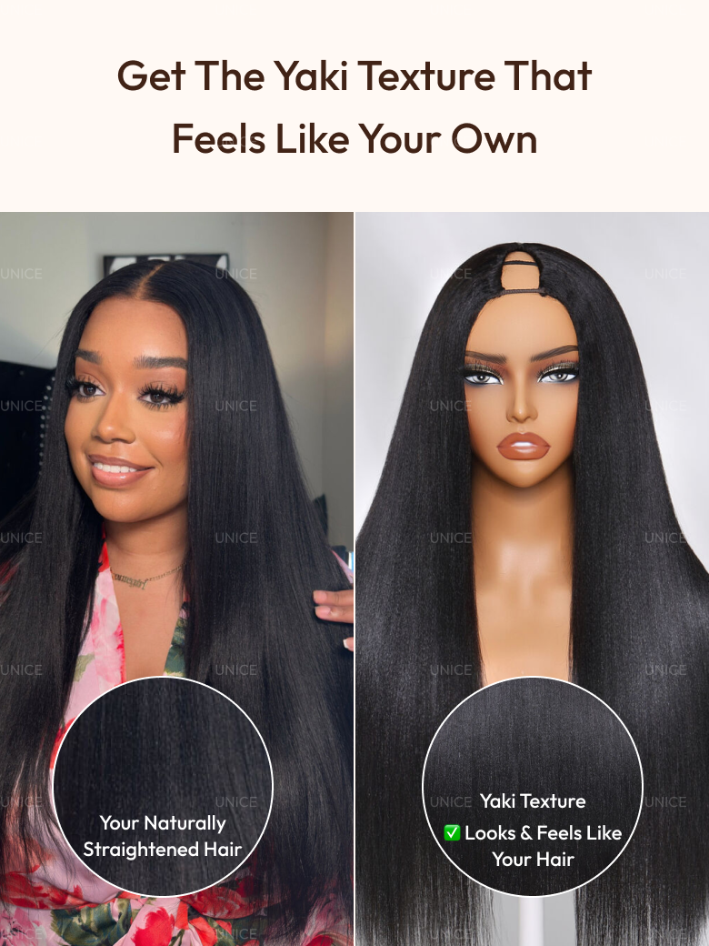 [18"=$99] EasiContour™ V Part Glueless Yaki Straight Natural Wig With Invisi Drawstring 100% Human Hair 180% Density