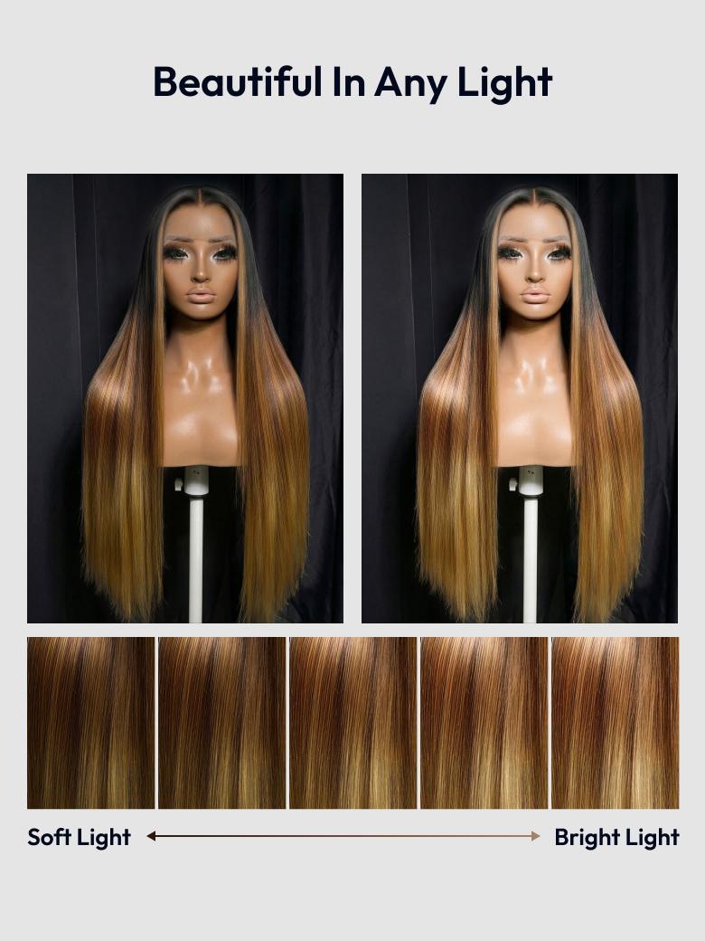 360 HD Lace Pre-plucked Luxury Raw Virgin Hair Brown to Honey Blonde Ombre Silky Straight Wig with Dark Roots