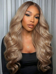 Ash Blonde With Brown Roots No Slip 13x4 Pre-Everything? Lace Frontal Body Wave Wig with Invisi Drawstring