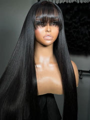 Black Yaki Wig Human Hair Glueless Wig with Blunt Bangs