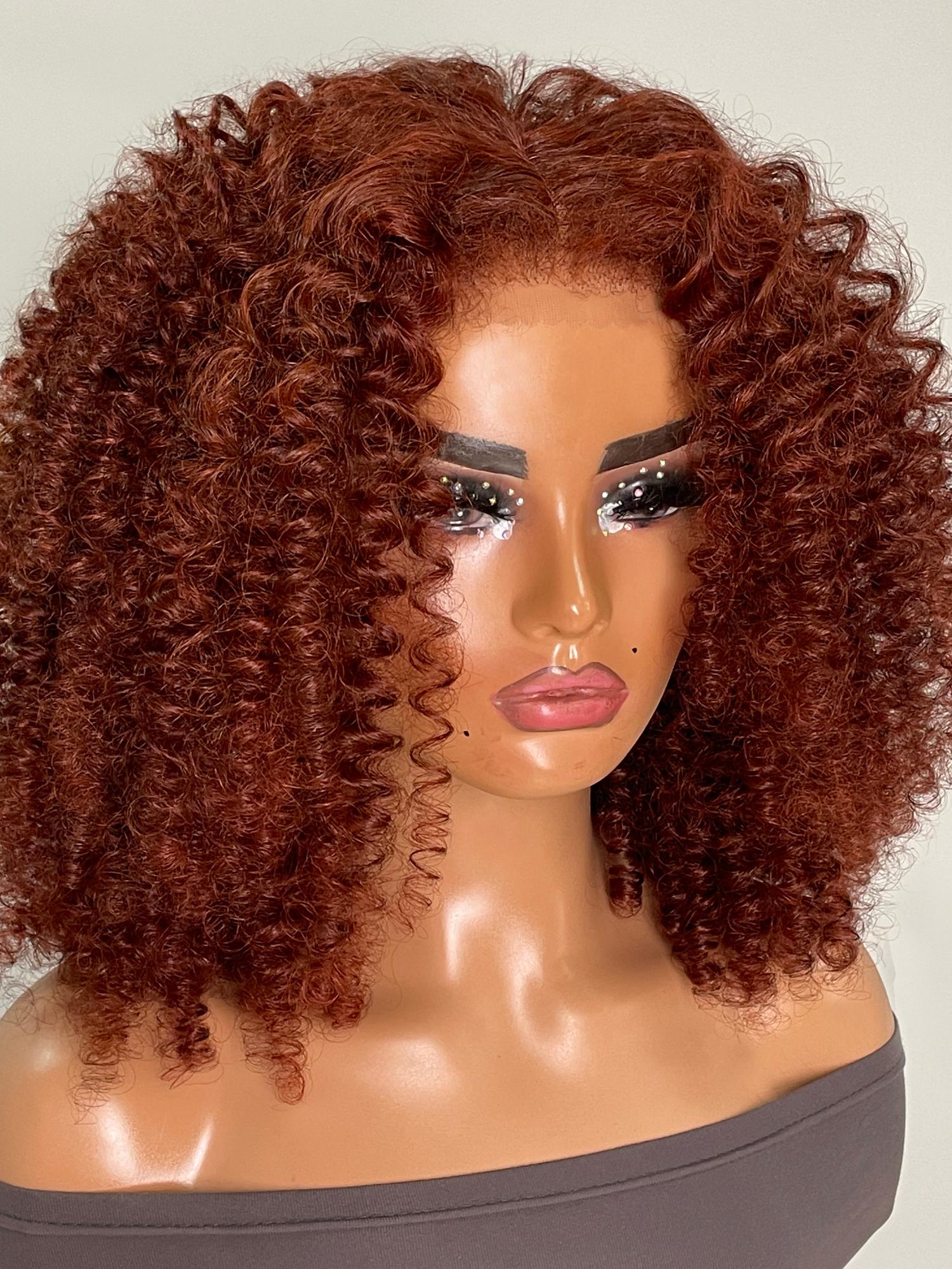 13x4 Lace Front Kinky Afro Puff Reddish Brown 16 Inch Shoulder Length Wig