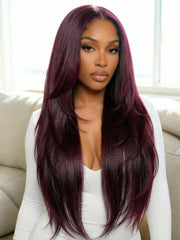 Black Cherry Bye-Bye Knots? 7x5 Lace Face Framing Layer Cut Straight Wig with Wispy Bangs Drawstring Wig