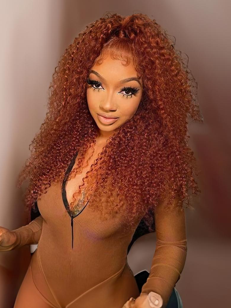 Medium Auburn Jerry Curly Human Hair Glueless Lace Wig 150% Density