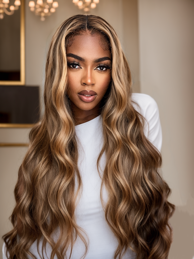 Sun Washed Blonde 150% Density 13x4 Lace Front Honey Blonde Highlight Wigs Body Wave Colored Wigs