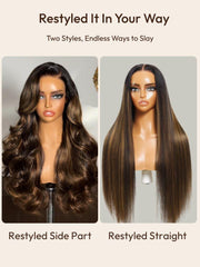 7x5 Bye Bye Knots? Wig Glueless Lace Balayage Highlight Body Wave Drawstring Curtain Bangs Wig