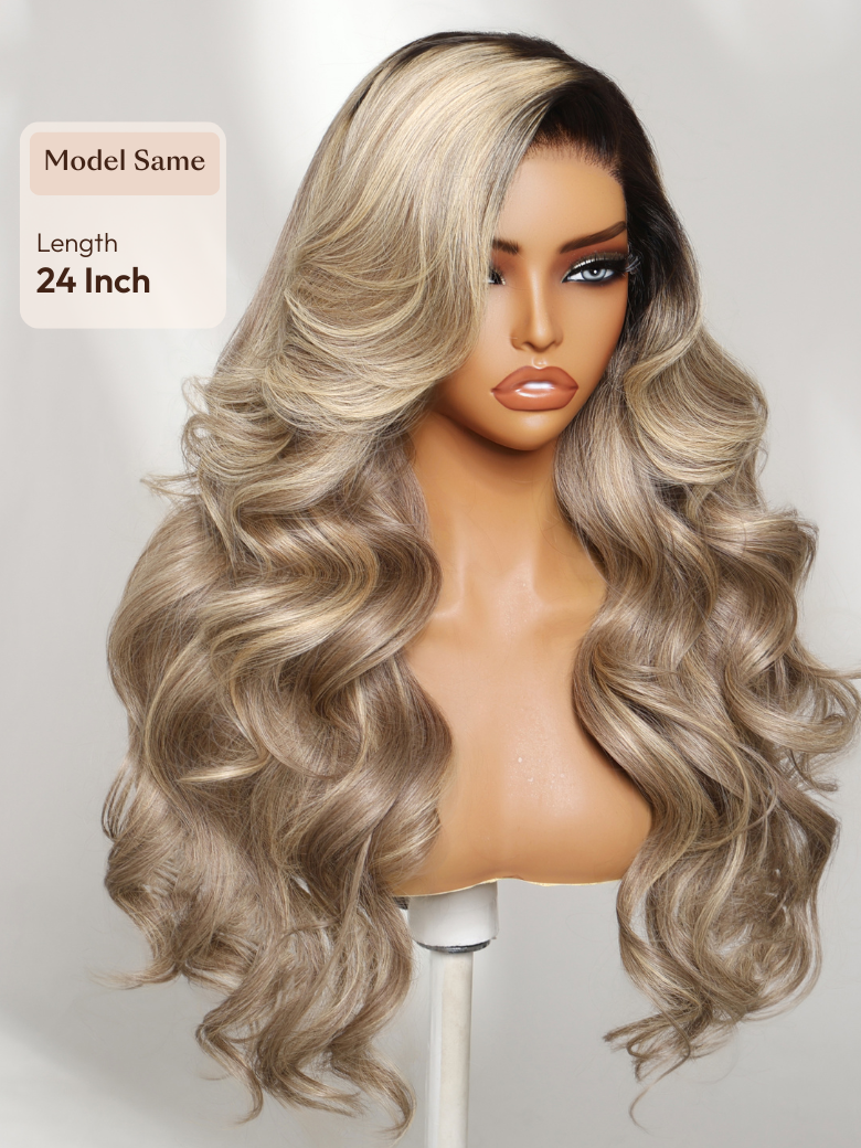 Ash Blonde With Brown Roots No Slip 13x4 Pre-Everything? Lace Frontal Body Wave Wig with Invisi Drawstring