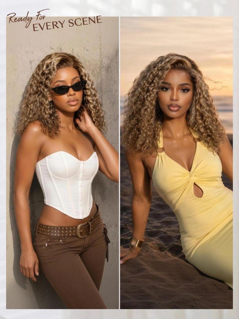 7x5 Bye-Bye Slip? Lace Honey Blonde Highlights Voluminous Curly Bob Wig
