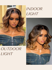 13x4 Pre-Everything? Lace Frontal Brown With Honey Blonde Face-Framing Highlights Wavy Bob Drawstring Wig