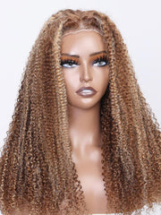 [From 20"] 6x4.5 Pre Cut Lace 200% Density Honey Blonde Highlights Curly Air Wig