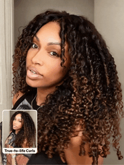 Glueless Curly Wig With Defined Finger Coil Ends Black to Chestnut Brown Ombre Bye-Bye Knots? 7x5 Lace Drawstring Wig