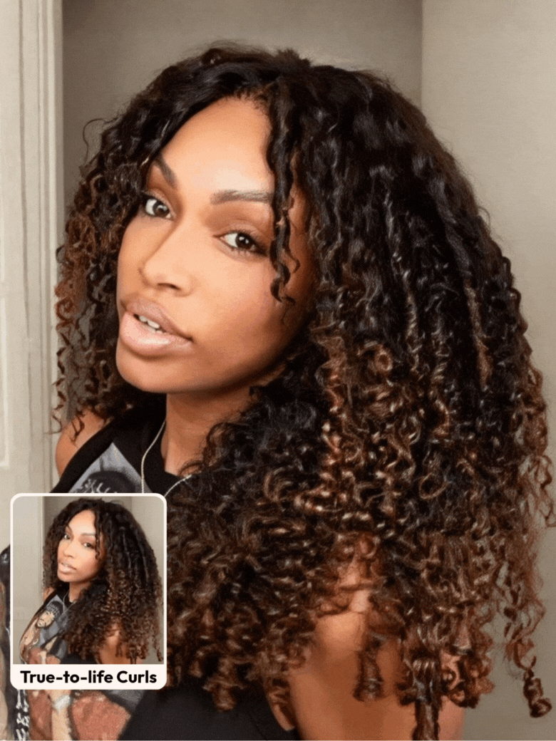 Glueless 7x5 Burmese Curly Wig with Finger Coily Ends 100% Human Hair Black to Chestnut Brown Ombre Bye-Bye Knots? 7x5 Lace Drawstring Wig