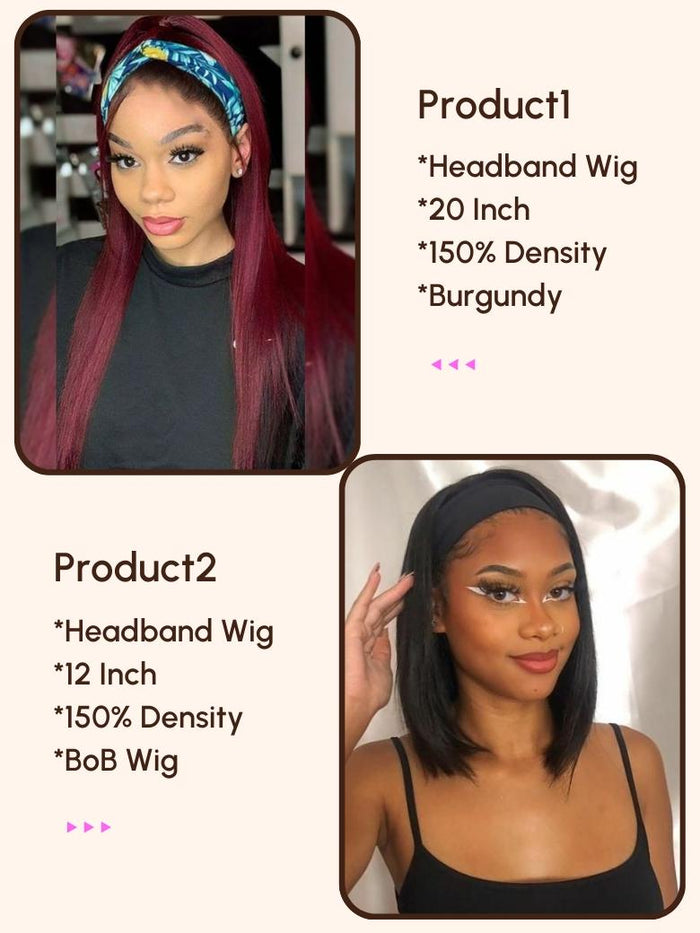 Petaluxe [2 Wigs $109] Headband 22" Burgundy Wig & 12" BOB Natural Color Wig