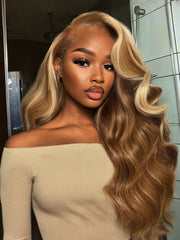 13x4 Pre-Everything? Lace Frontal Honey Blonde Highlights Fluffy Loose Wave Curtain Bangs Wig