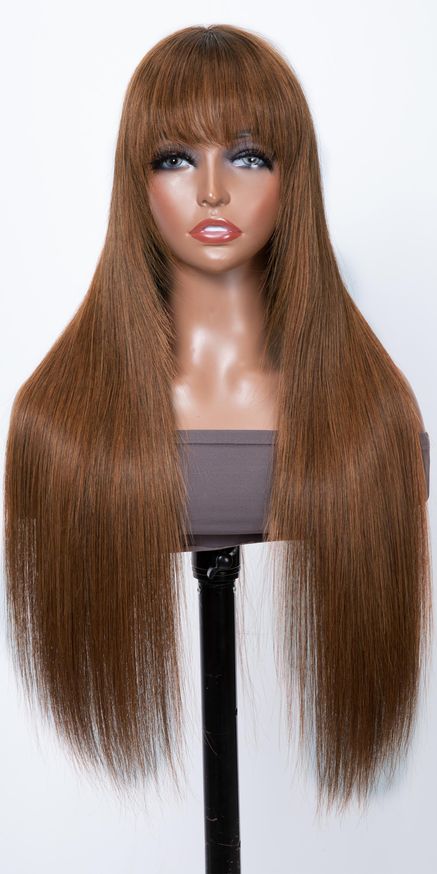 [20in=$85] Glueless Dark Brown Color Hair Layer Cut Human Hair Wigs with Bangs Install in 5 Mins
