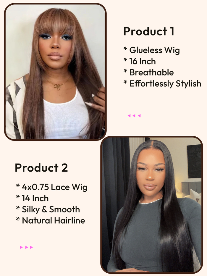 Petaluxe 2 Wigs $99 for Glueless Wig With Bangs 16" And Silk Straight 14" Lace Wigs
