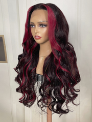 Dark Burgundy With Rose Red Highlights 13x4 Lace Front Loose Wave Human Hair Wig Brand Day Sale
