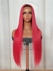Rose Red Ombre 13x4 Lace Front Straight Wig With Dark Roots