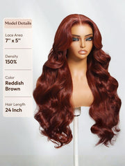 7x5 Bye Bye Slip Wig Glueless Lace 150% density Flattering Sun-Kissed Warm Tones Reddish Brown Body Wave Bleached Knots Drawstring Wig