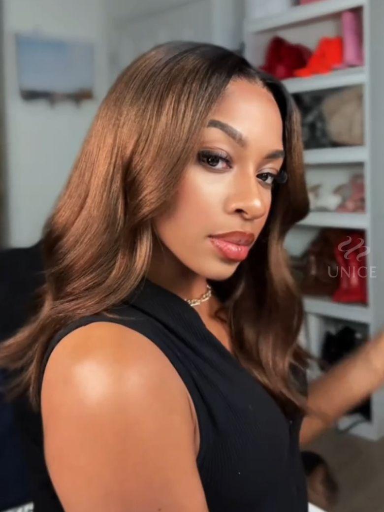 Bye-Bye Knots 7x5 Lace Black to Chestnut Brown Ombre Yaki Bob Wig