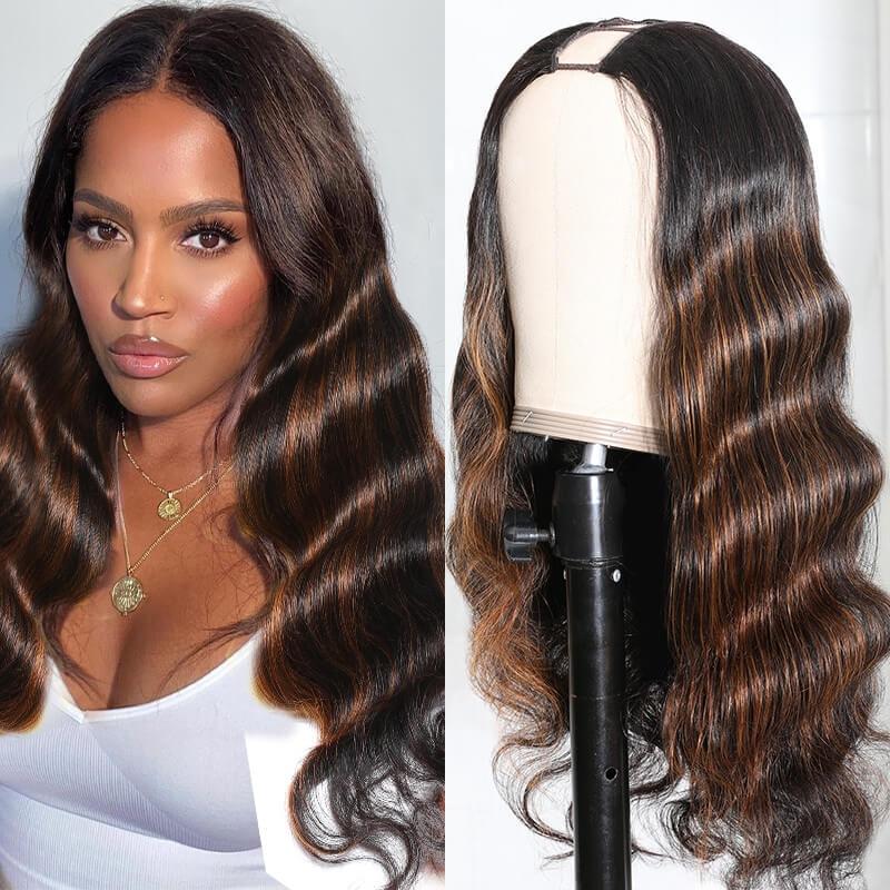 Glueless Brown Highlight U Part Body Wave Wig 3 Minutes Install