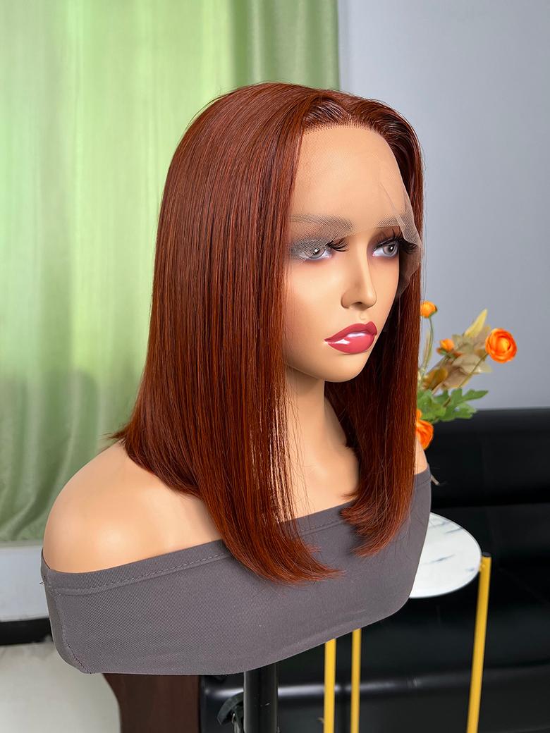 New Trends Dark Copper Red 13x5 T Part Lace Straight Bob Wig 150% Density Weekend Sale