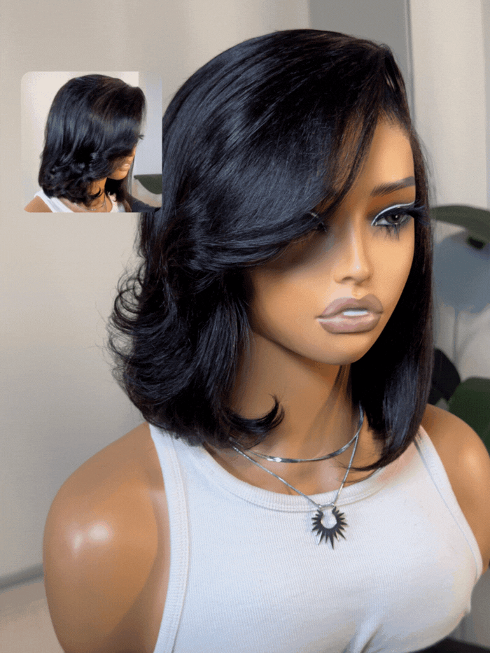 Petaluxe 4x4 Lace Closure Black Bob Wig With Side Swept Bangs 150% Density