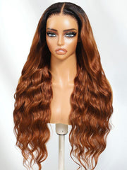 13x4 Pre-Everything? Lace Frontal Ginger Brown with Dark Roots Soft Loose Deep Wave Drawstring Wig