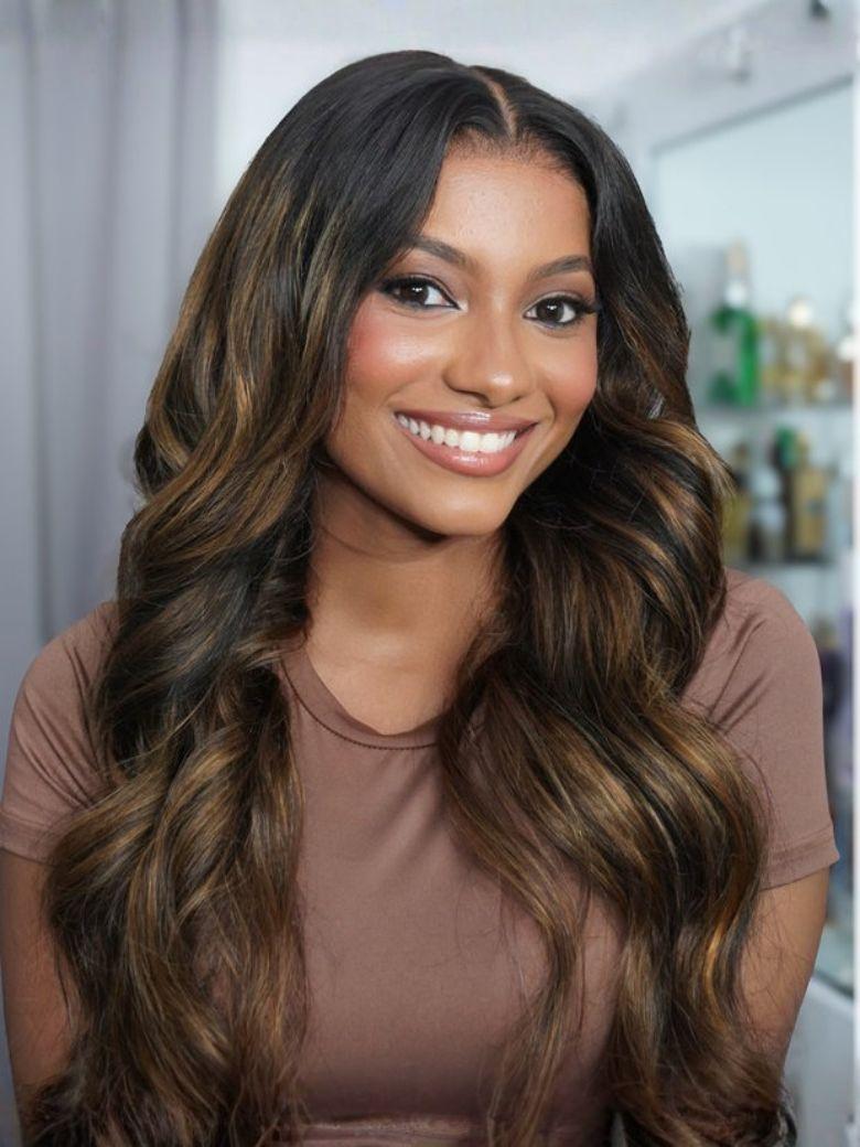 [With Drawstring] 7x5 Bye Bye Knots? Wig Glueless Lace Balayage Highlight Body Wave Curtain Bangs Wig