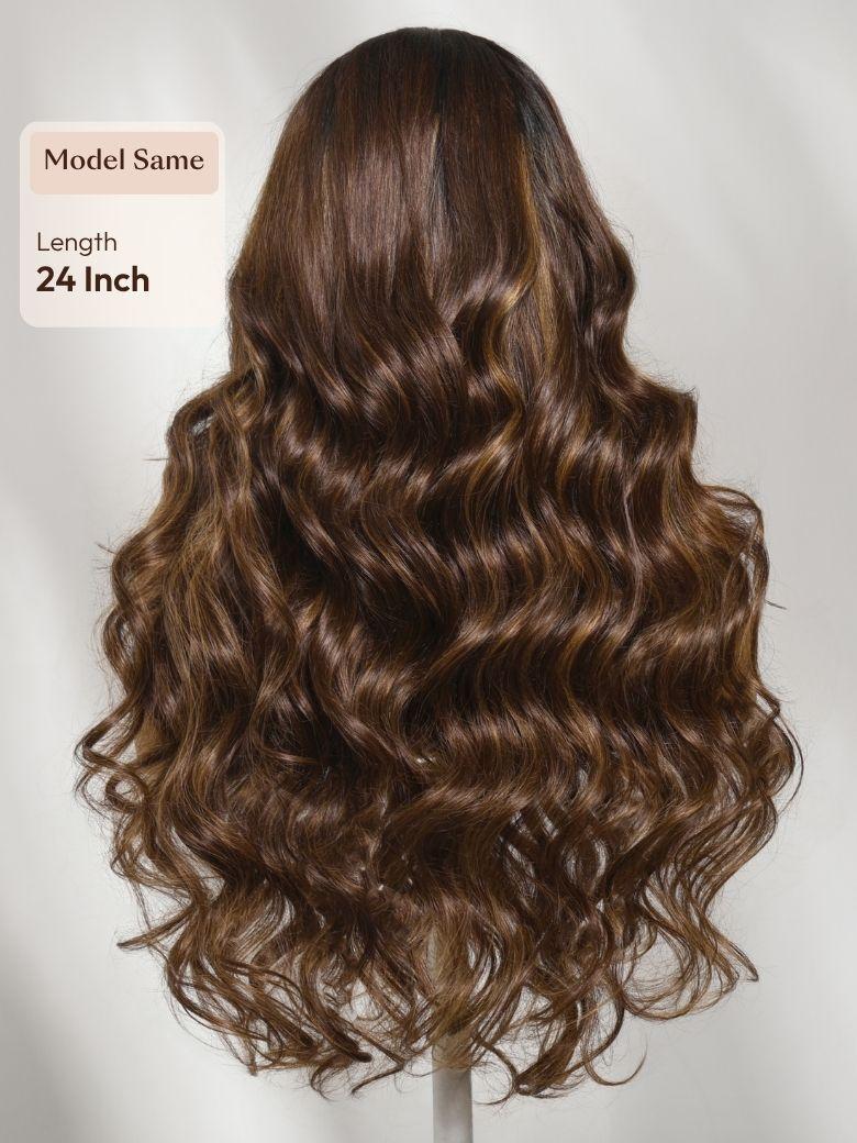 7x5 Bye Bye Slip? Lace Caramel Highlights on Chocolate Brown with Dark Roots Body Wave Glueless Wig with Side Part Bangs