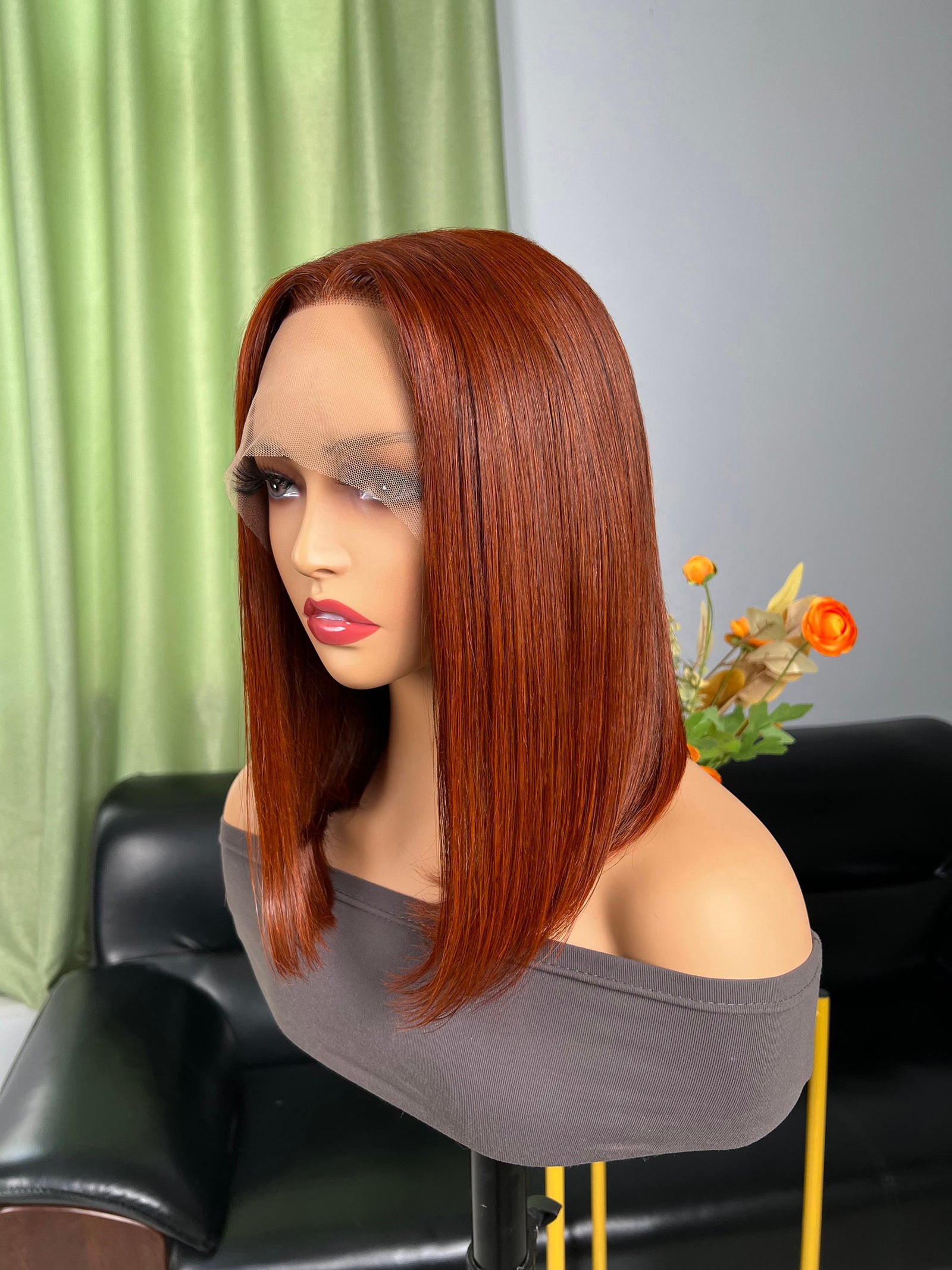 Dark Auburn Brown Long Sleek Bob 13x4 Lace Front Wig