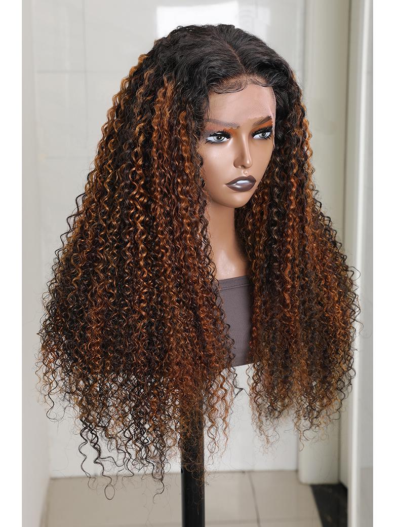 13x4 Lace Frontal Dark Brown Balayage Highlights Jerry Curly 13x4 Lace Wig 150% Density