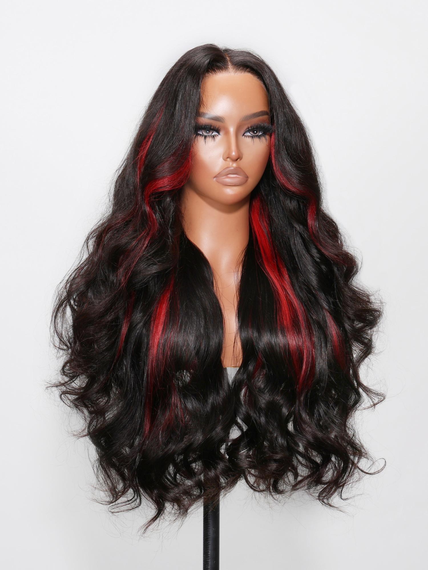 13x4 Lace Front Black Hair With Red Streaks Loose Wave Wig