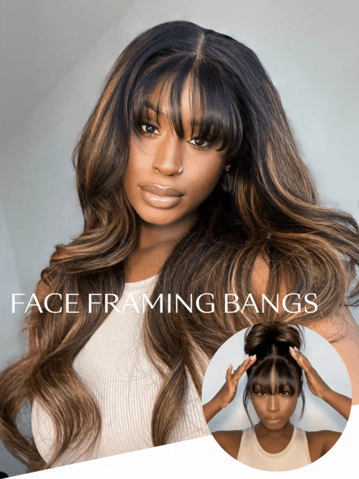 Petaluxe 7x5 Bye Bye Knots & 13x4 Pre-Everything? Lace Frontal Balayage Highlights Fluffy Natural Loose Wave Wispy Bangs Drawstring Wig