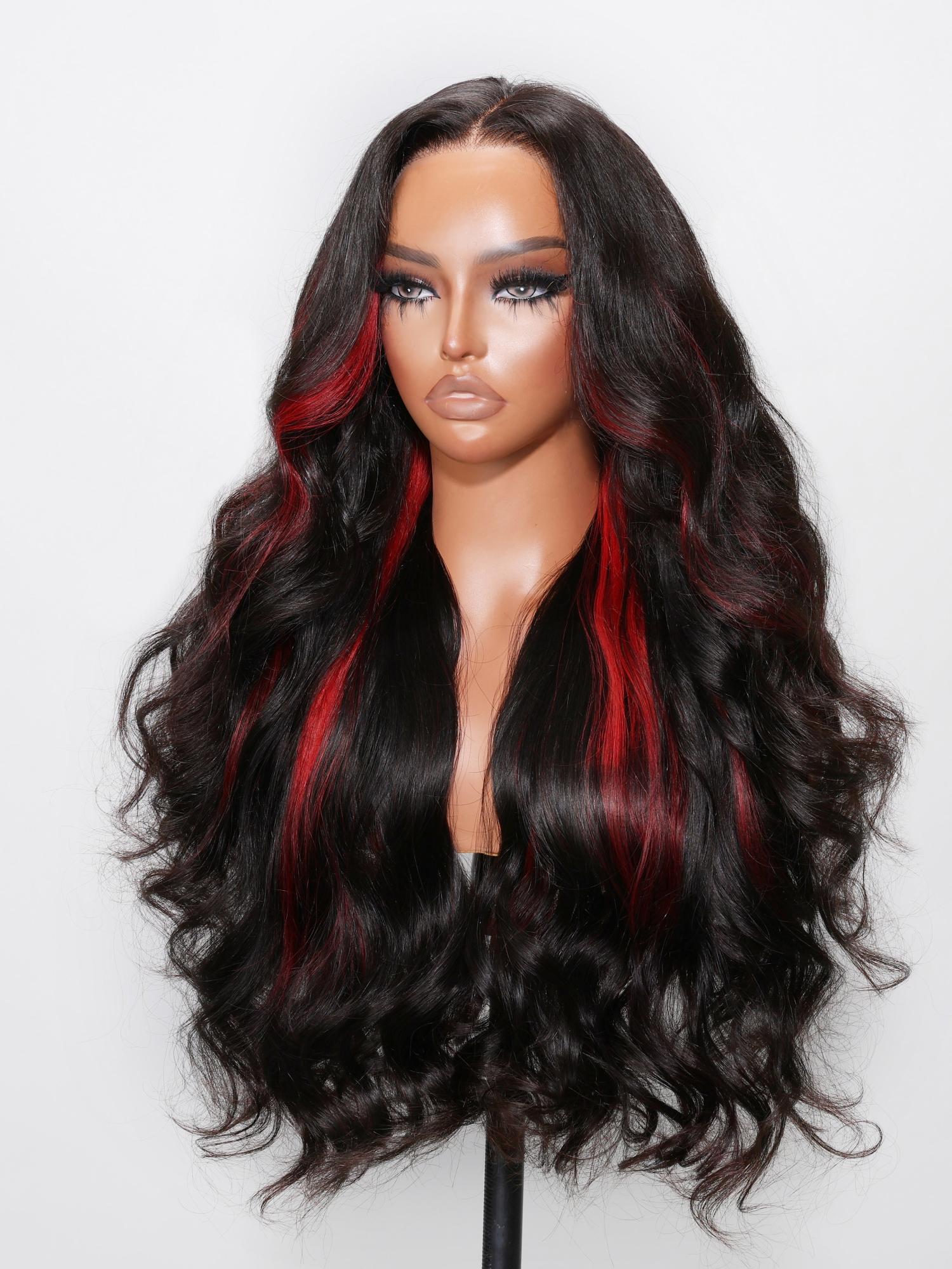 13x4 Lace Front Black Hair With Red Streaks Loose Wave Wig