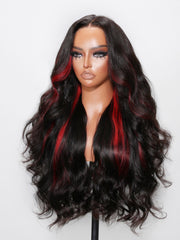 13x4 Lace Front Black Hair With Red Streaks Loose Wave Wig