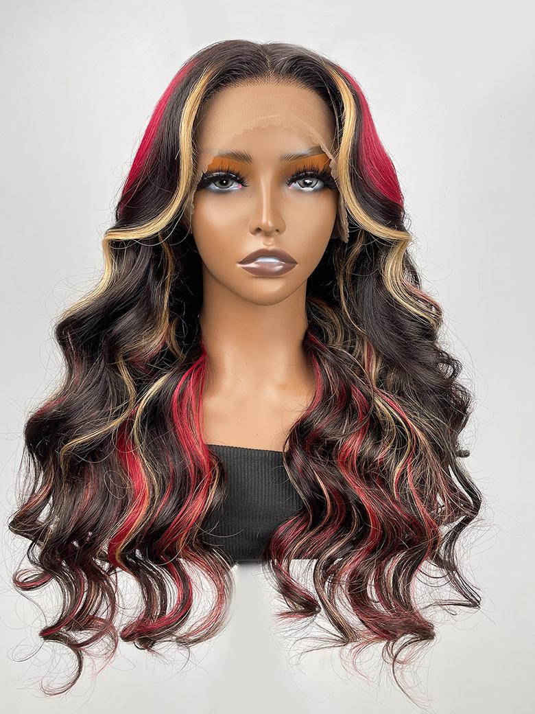 26 Inch 13x4 Lace Front  Black with Red & Blonde Highlights Red And Blonde Loose Wave Wig 150% Density