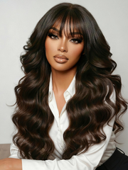 7x5 Bye-Bye Knots? & 13x4 Pre-Everything? Lace Frontal Pull And Go Black Fluffy Natural Loose Wave Curtain Bangs Wig with Free Ear Tape